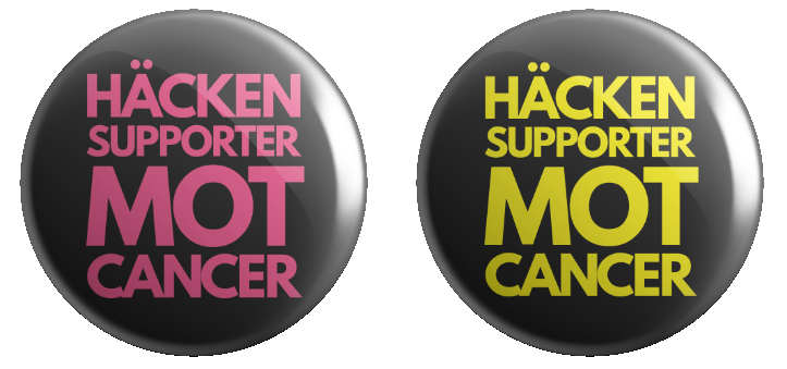 Två pins-designs. Till vänster i rosa text på svart bakgrund och till höger gul text på svart bakgrund. Det står "Häckensupporter mot cancer" på dem båda.