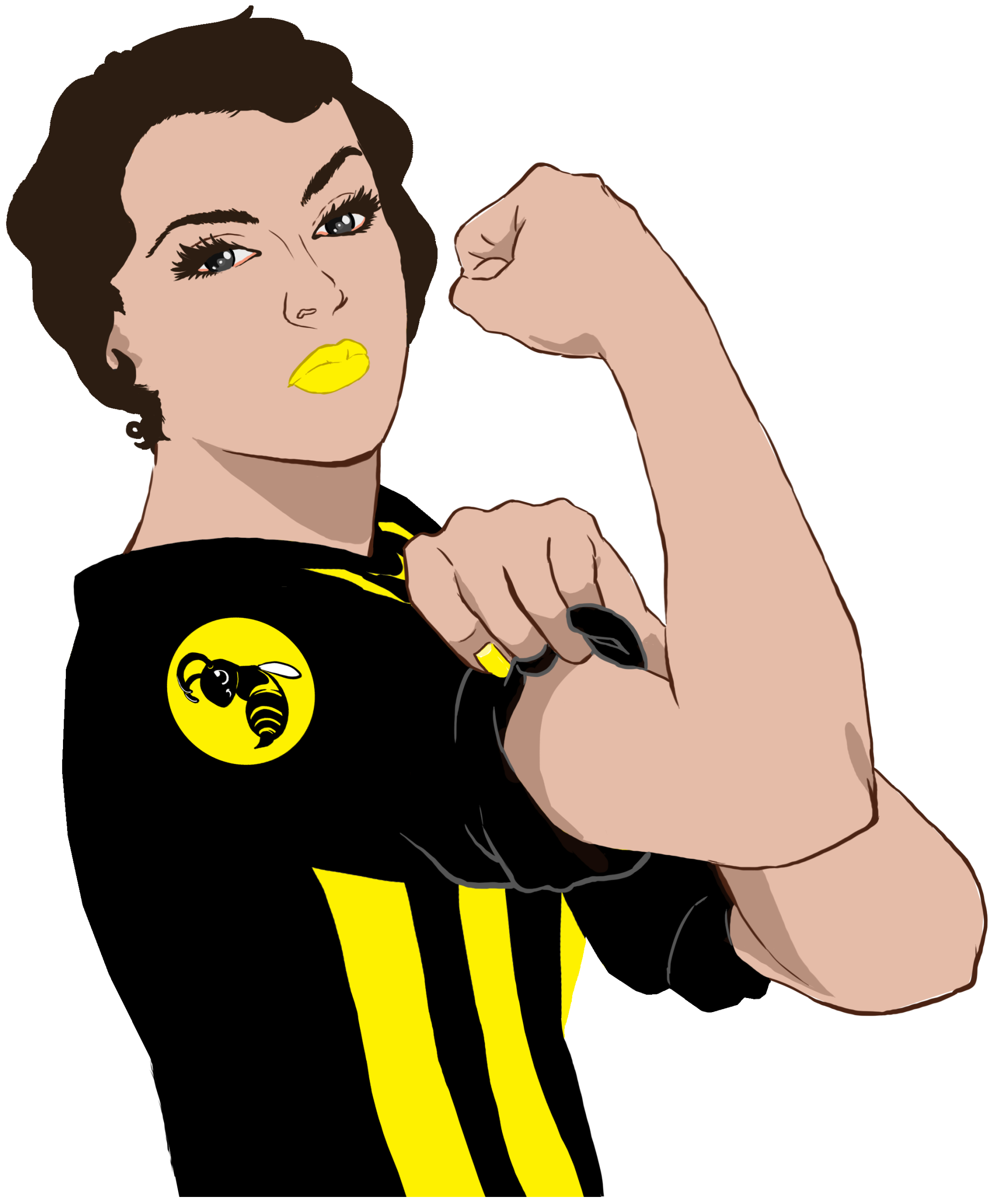 Bild inspirerad av Rosie The Riveter. Kvinna i kort brunt hår och gult läppstift som har på sig Häckens matchtröja 2025 med långa ärmar som är uppkavlade, Hon håller upp sin högra arm som för att visa musklerna. På axeln på tröjan är det Gaddarna logotyp.